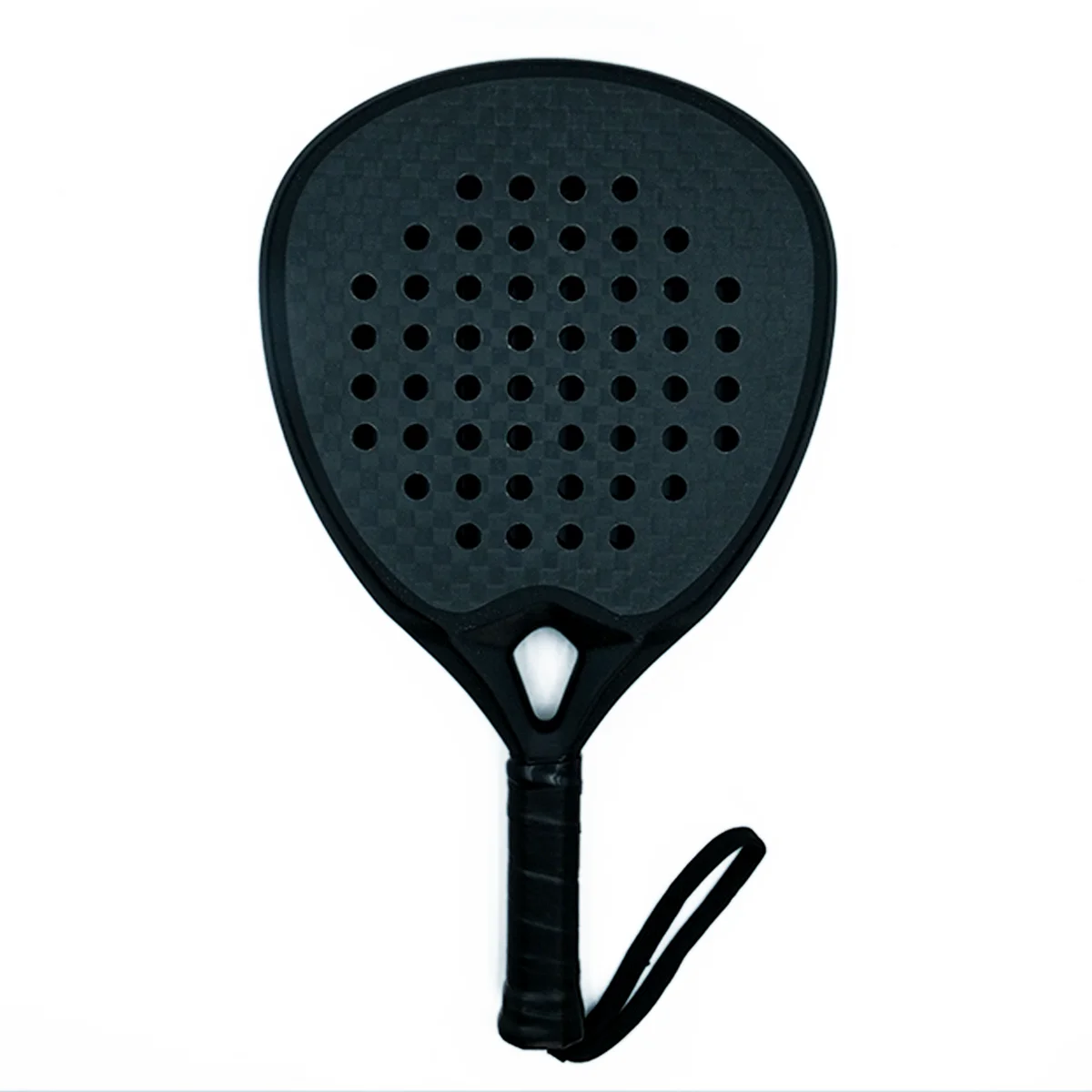 Padel racket with perforated surface Black padel racket with perforated face and grip