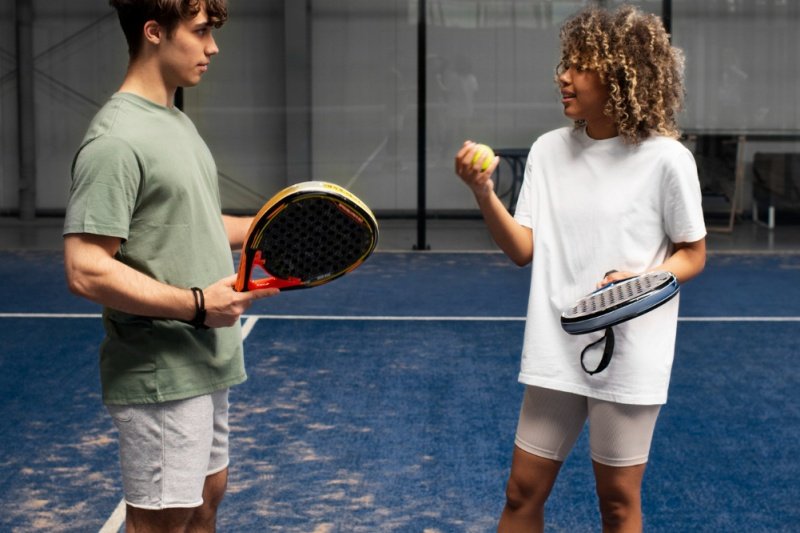 padel-players-chatting-court two people chatting with padel rackets and ball on court