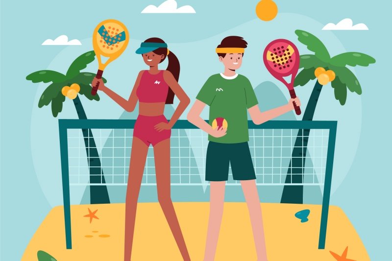Beach Padel Illustration Cartoon padel players on beach court with rackets