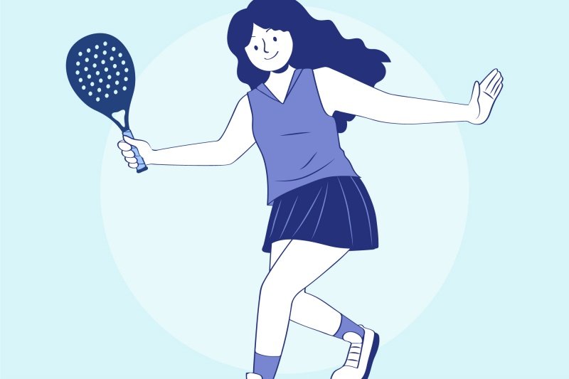 Cartoon Female Padel Player Cartoon female padel player swinging racket mid-action