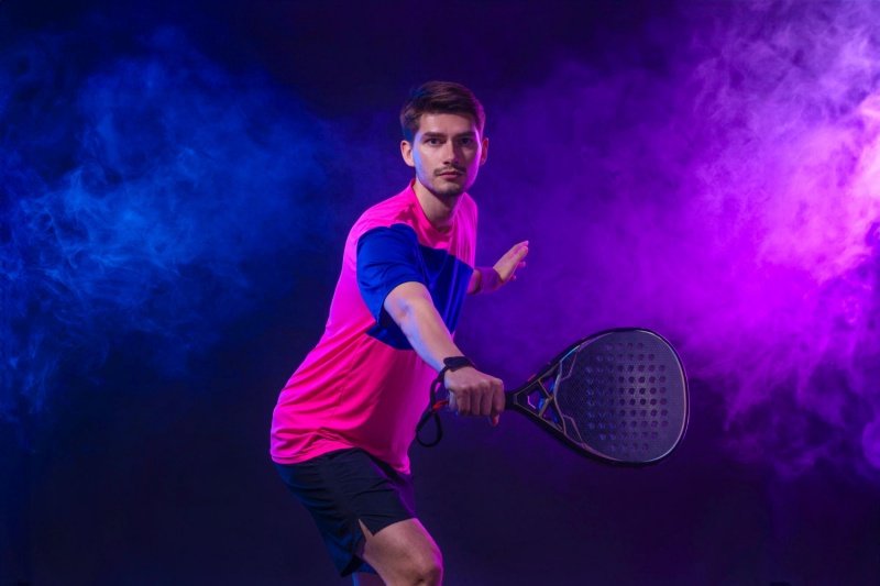 Dynamic padel action shot Padel player in pink and blue outfit preparing to hit the ball