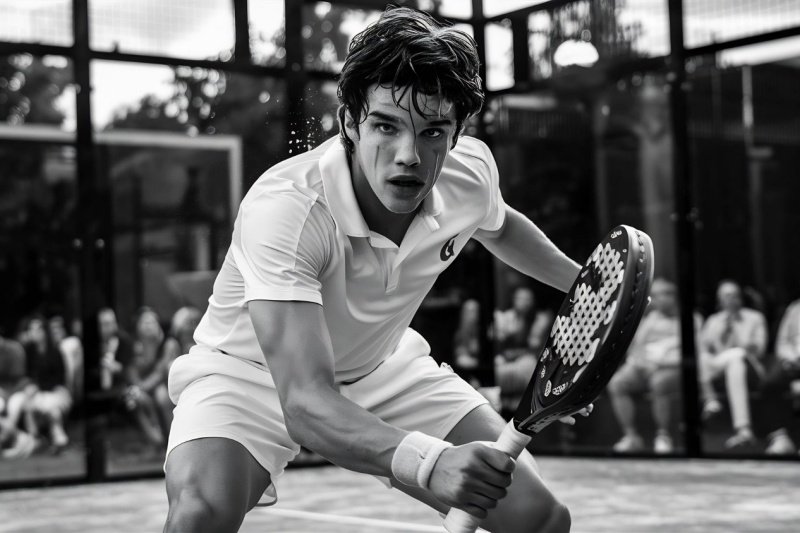 Focused padel competition Intense padel player in action during a match