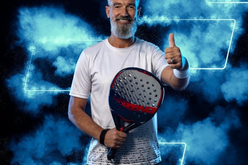 Happy padel player with racket Smiling padel player giving thumbs up with blue smoke background