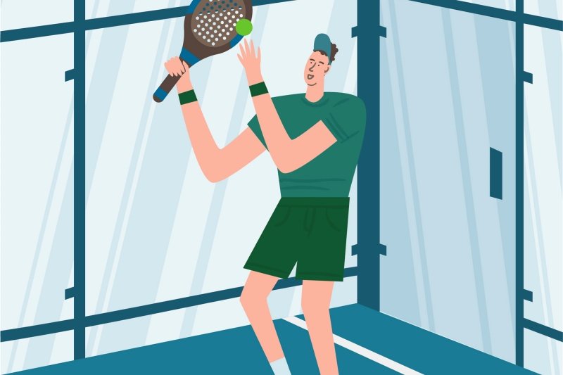 Indoor Padel Player Illustration of man playing padel inside glass court