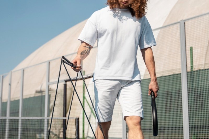 Padel court upkeep Padel player maintaining the court with a drag brush
