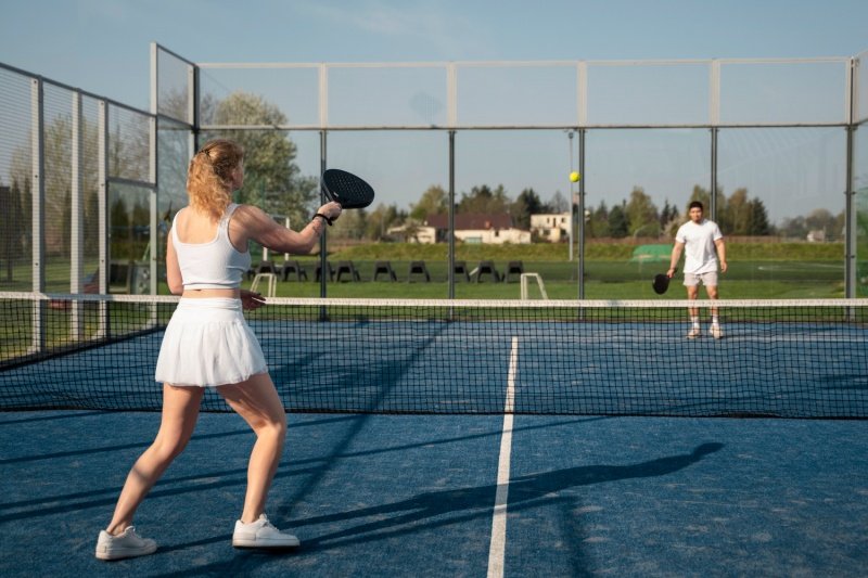 Padel players in white outfits rallying on a blue outdoor court