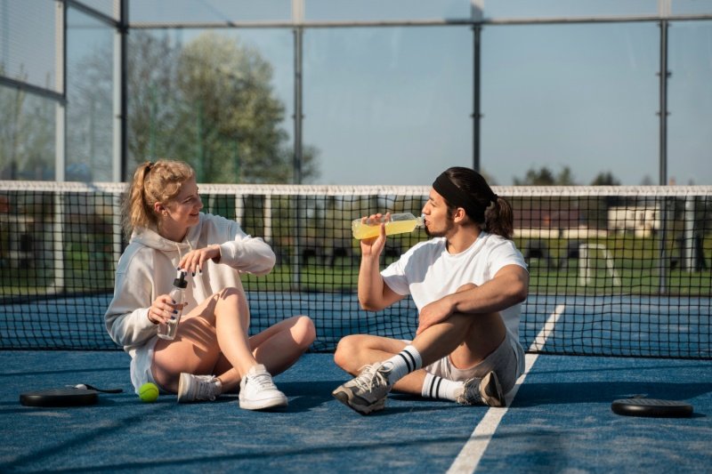 Padel players taking a break and hydrating on the court