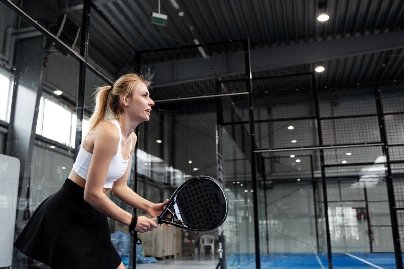 Padel player in action indoors Female padel player focused during an indoor match
