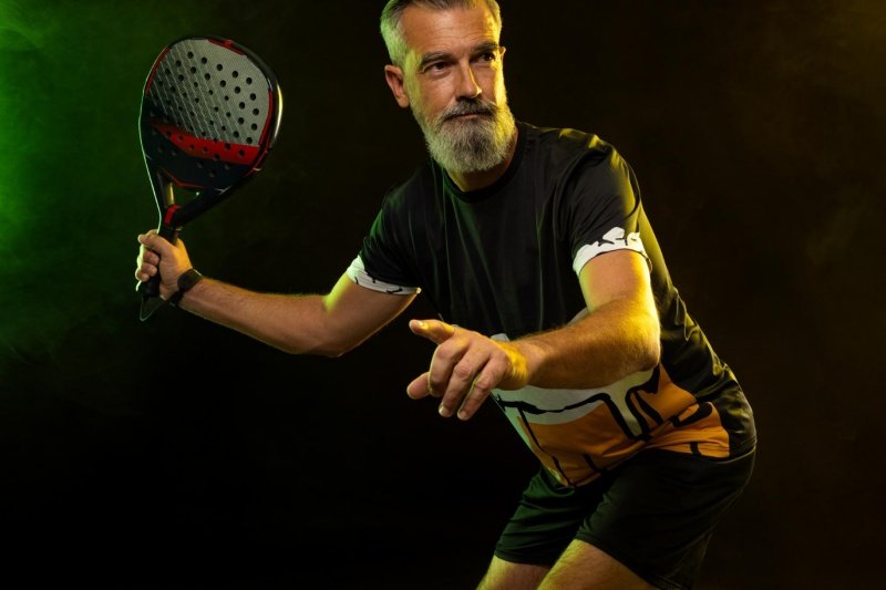 Padel player in action stance Senior padel player preparing for a shot