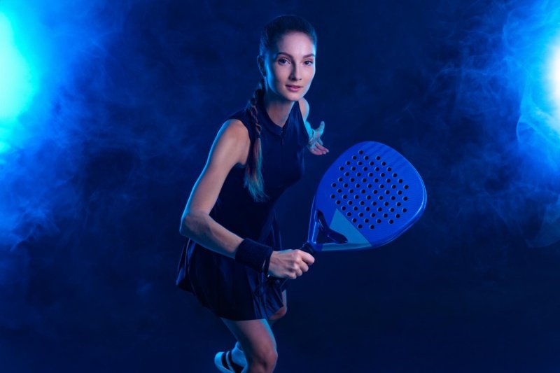 Padel player in motion Female padel player with blue racket in action
