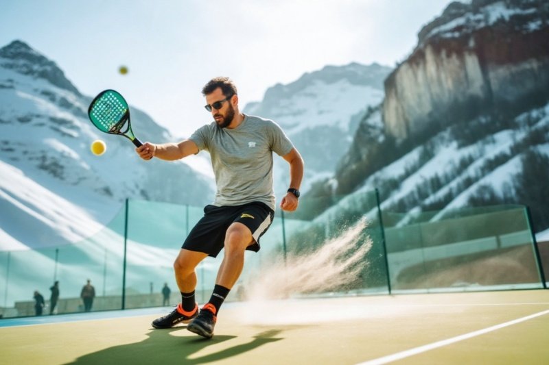 padel-mountain-court Man playing padel on an outdoor court with mountains in the background