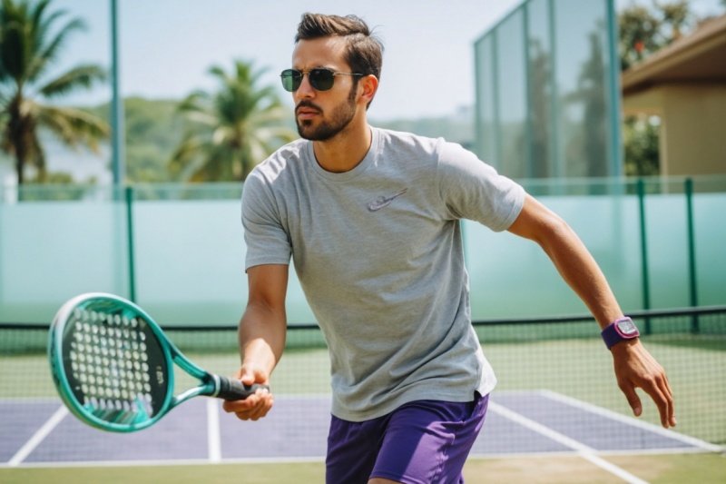 padel-outdoor-action Man playing padel on a sunny court wearing sunglasses and holding a green racket