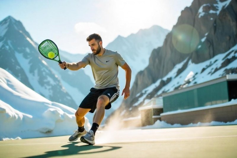 padel-snow-mountains Man playing padel on a snowy mountain court with a green racket