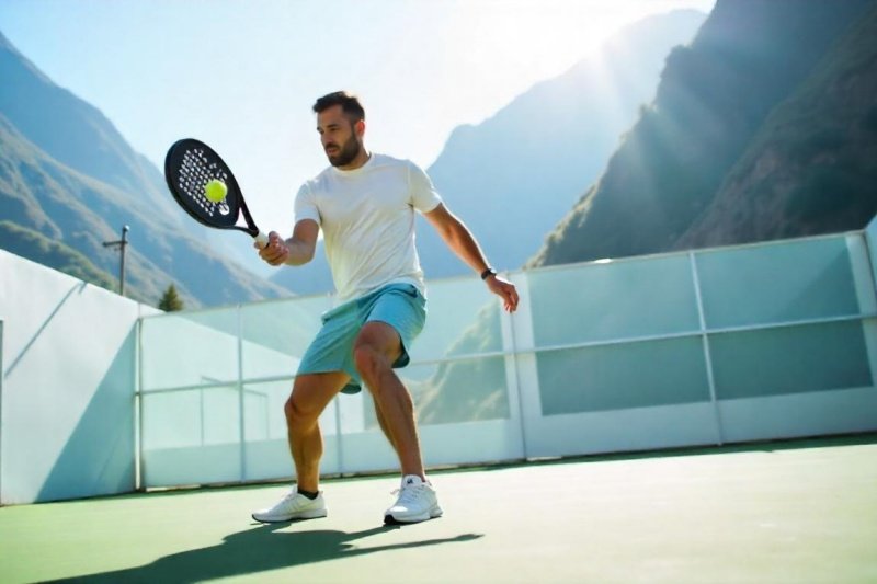 padel-sunlight-mountains Man playing padel on a court with mountains and sunlight in the background