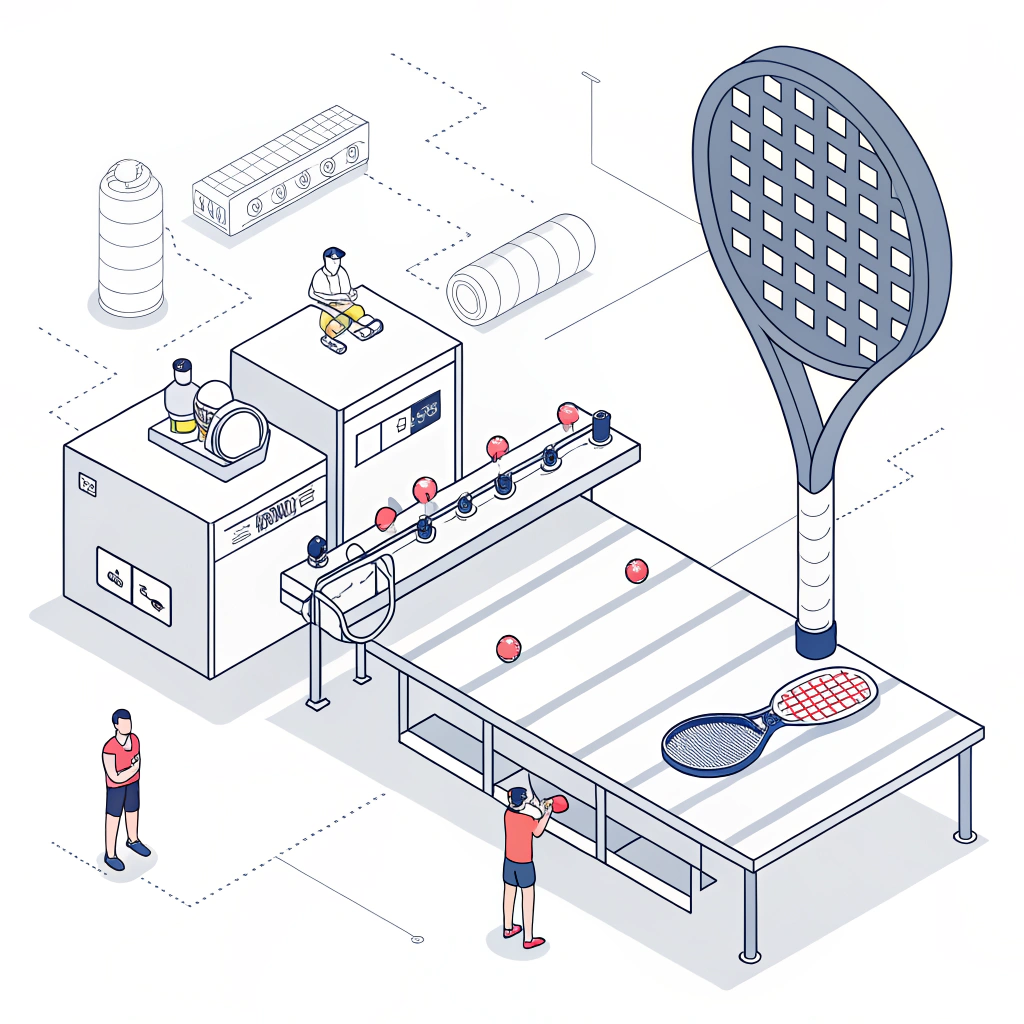 Minimalist digital illustration of a padel racket manufacturing process with technical elements.
