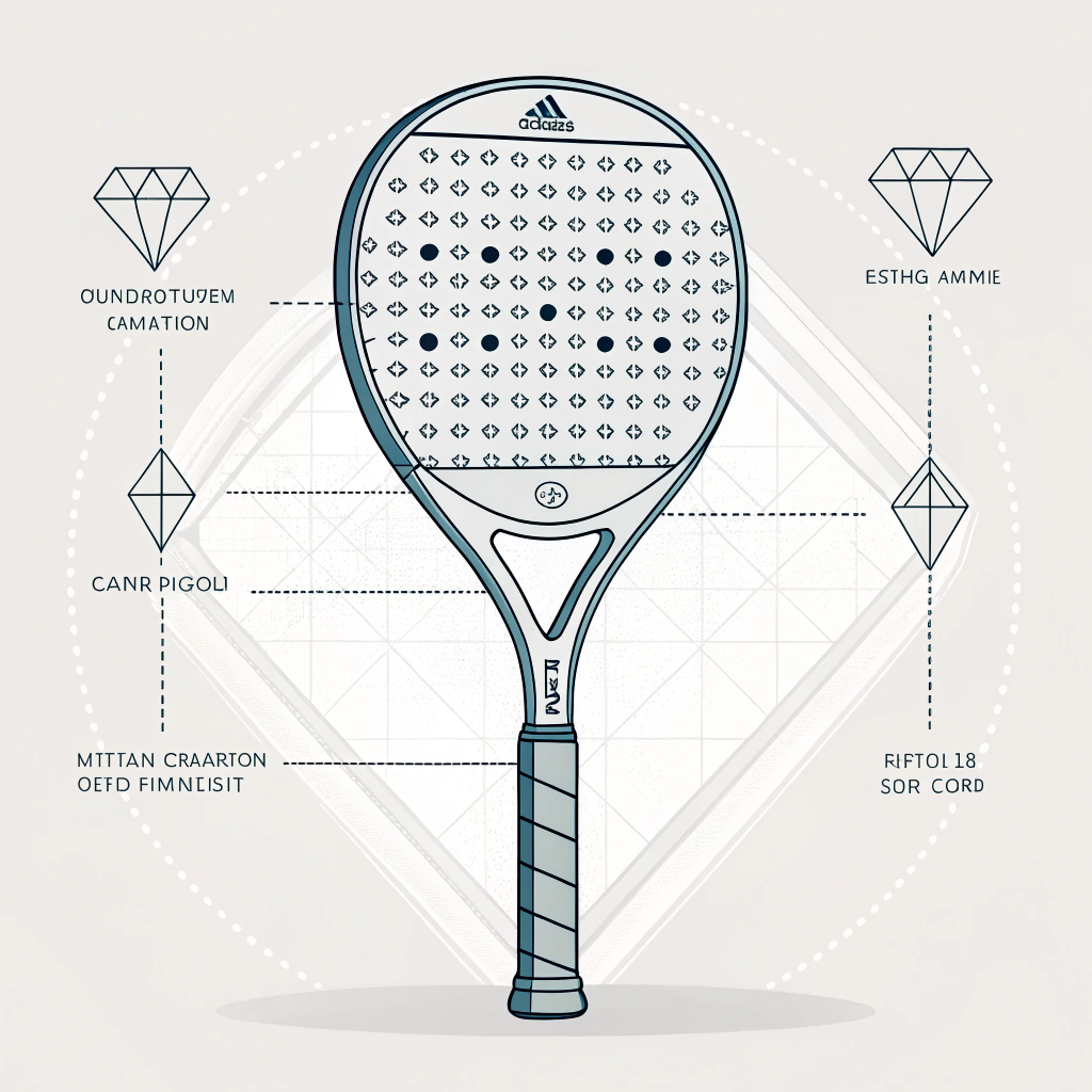 Minimalist 2D illustration of a custom diamond-shaped padel racket with advanced design elements