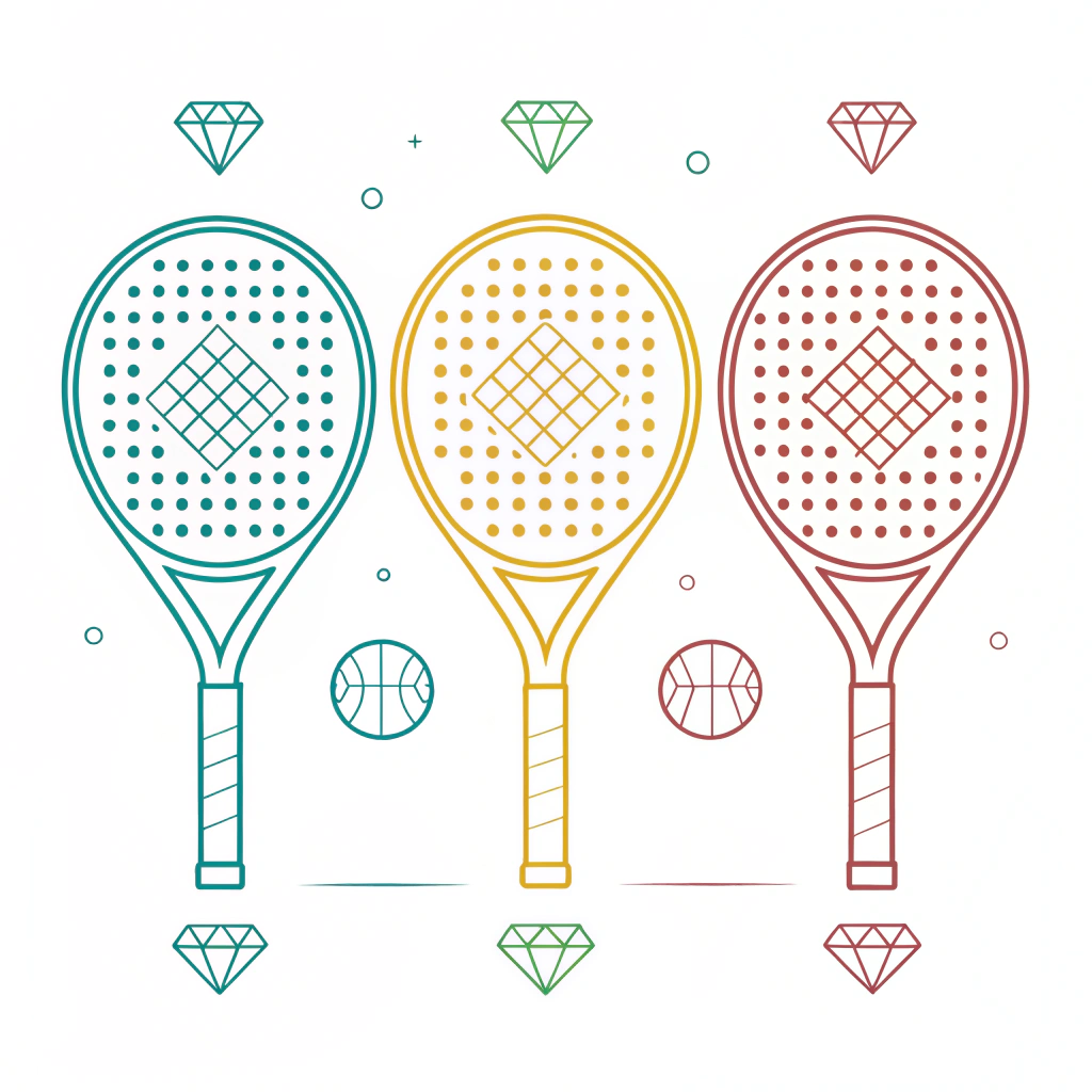 Minimal illustration of three padel racket designs representing varied shapes and customization.