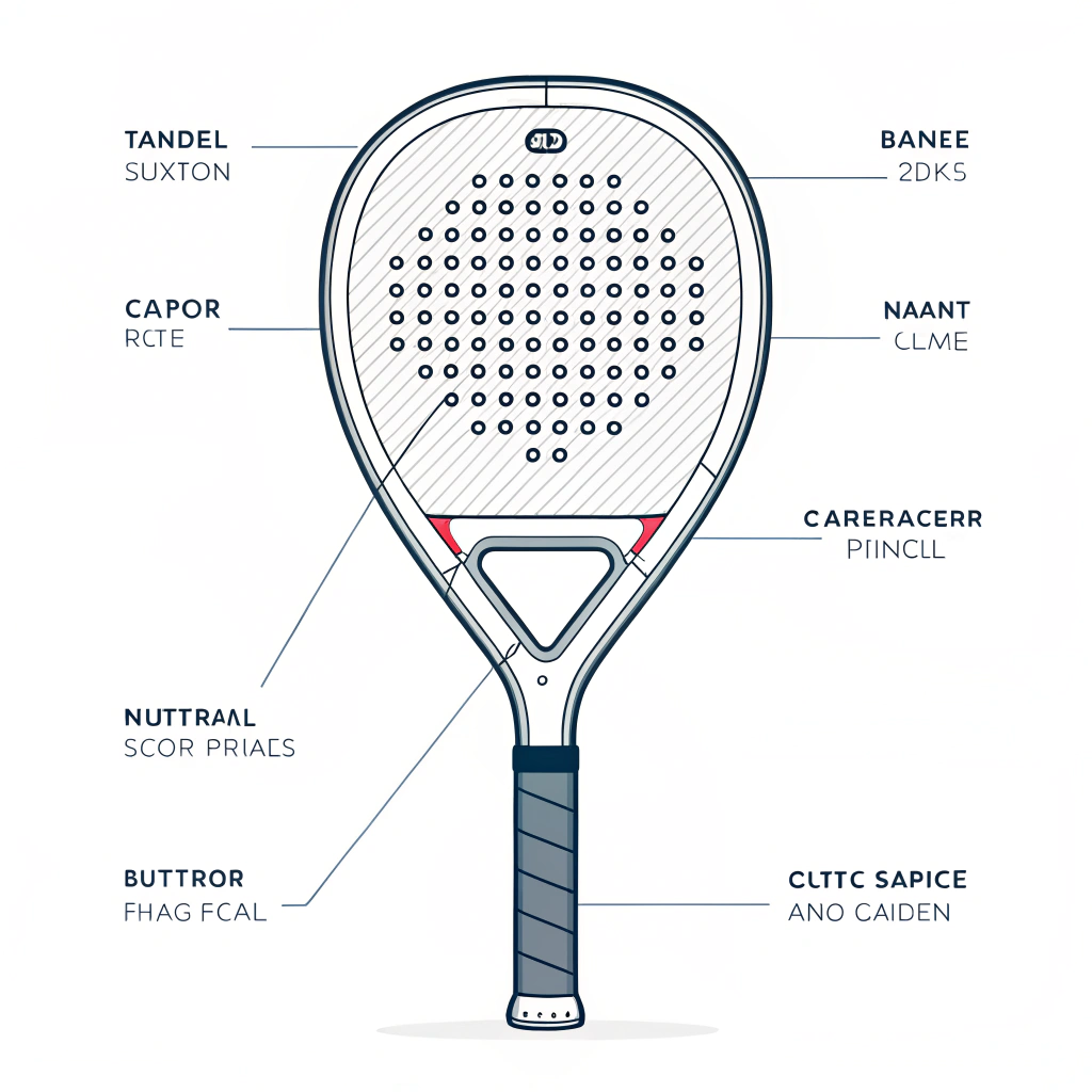 Minimalist flat illustration of a padel racket highlighting essential components in a simple style