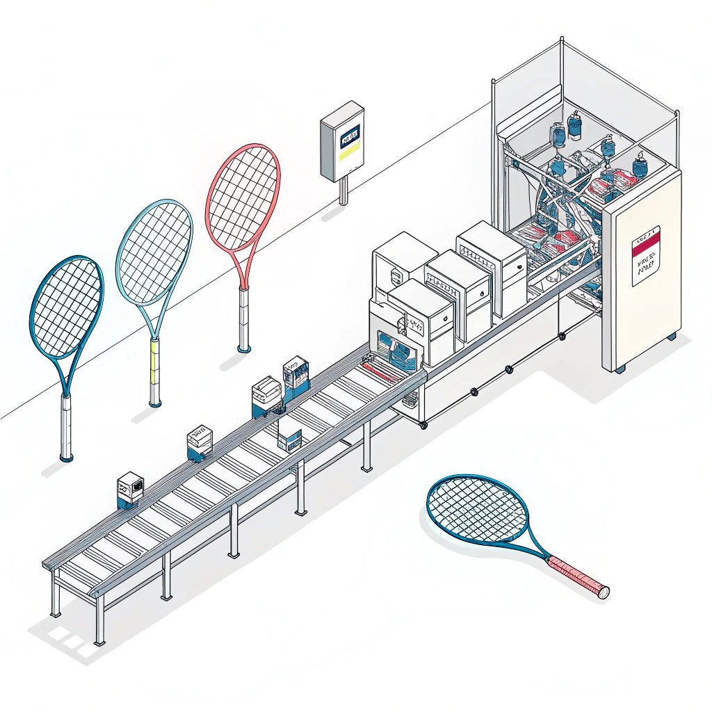 Minimal illustration of a streamlined padel equipment production line with geometric forms