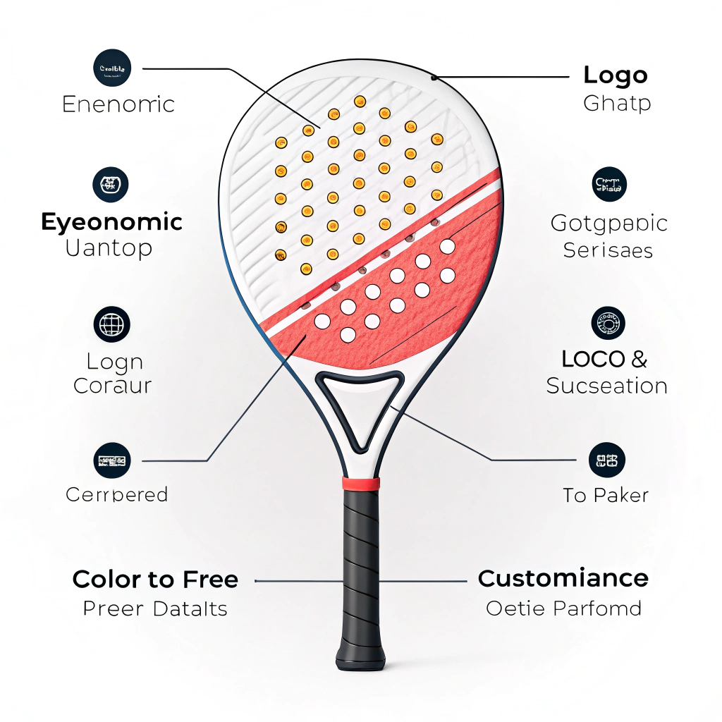 Minimal 2D illustration showcasing customizable elements of a padel racket with a modern design.