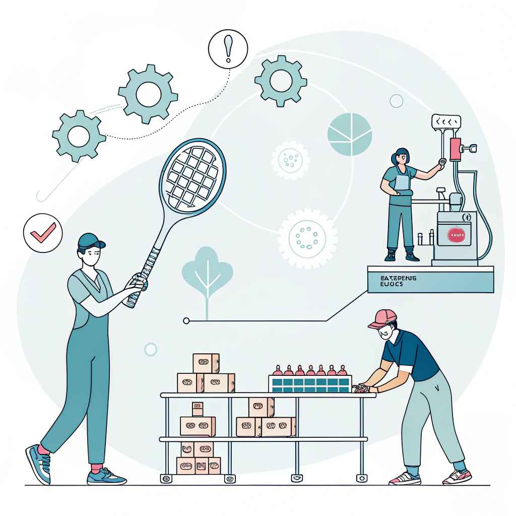 Clean 2D illustration showing optimized and automated padel racket production and customization process