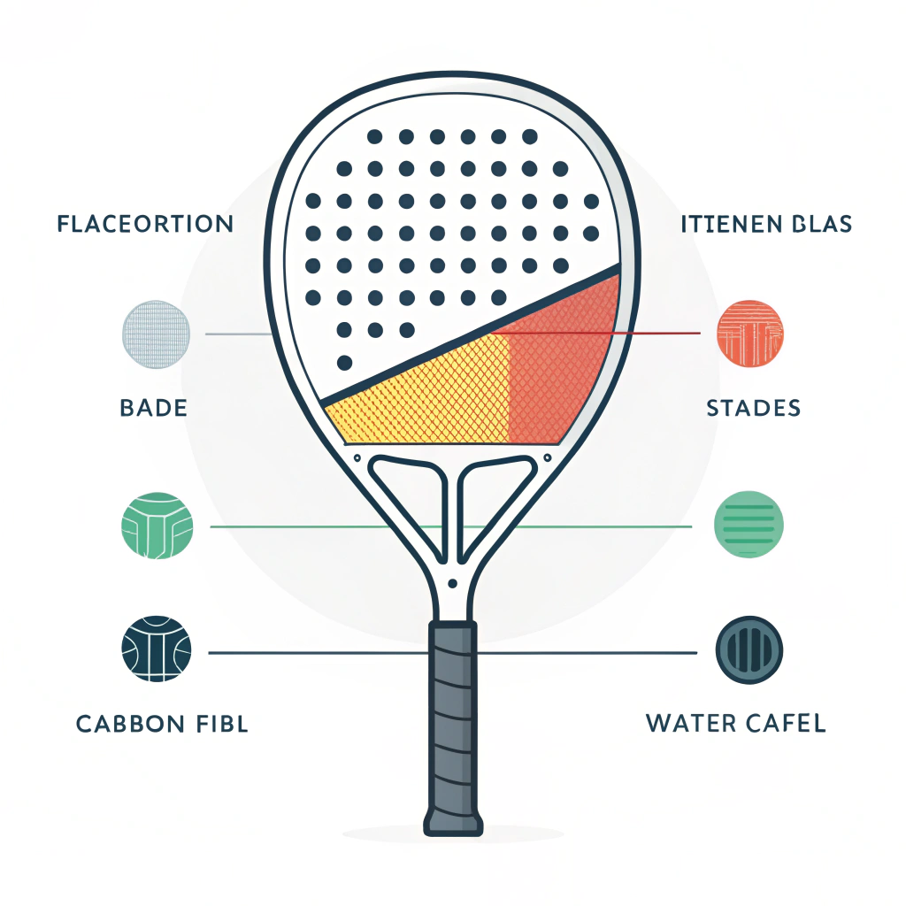 Minimalist padel racket illustration showcasing internal fiberglass and carbon fiber details