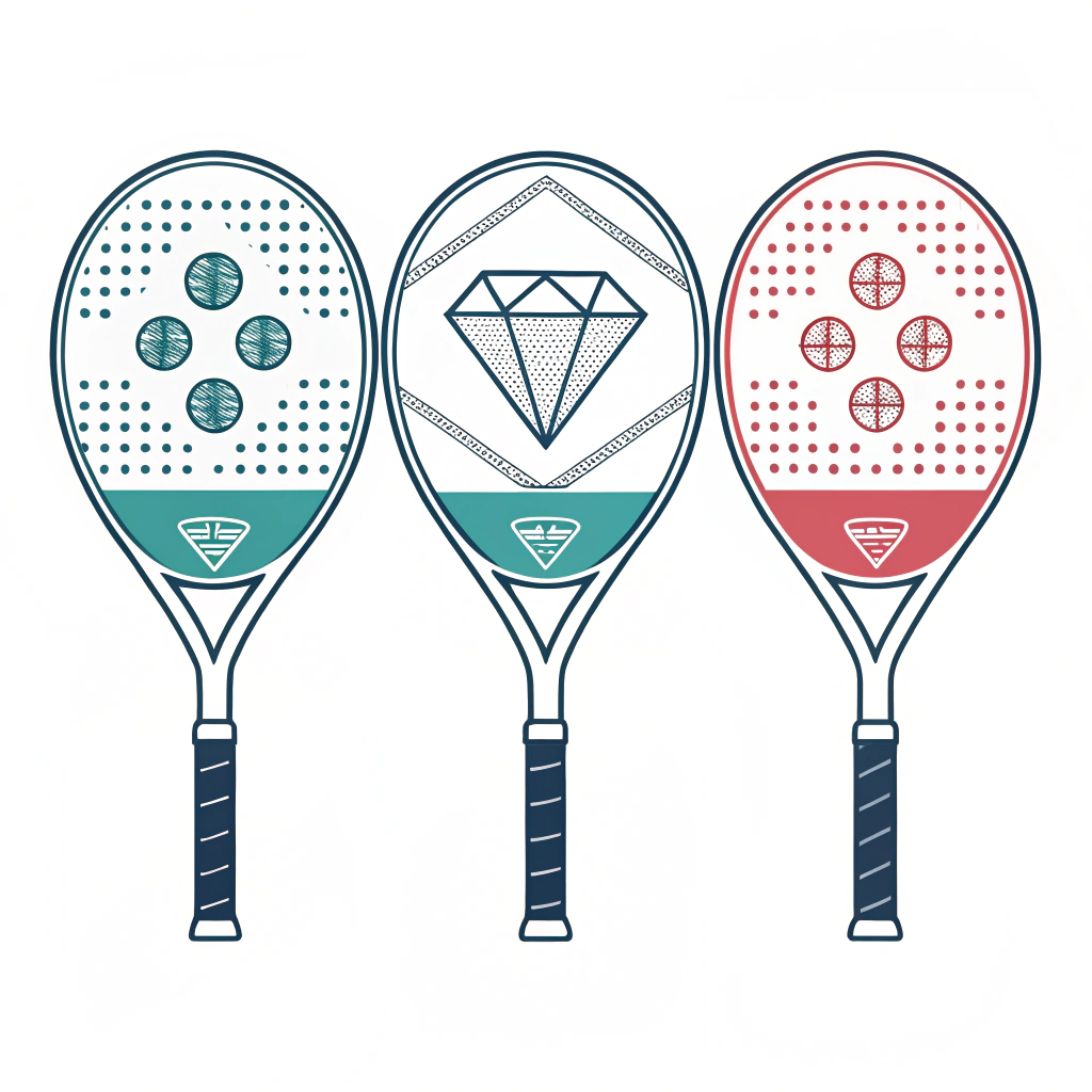Minimalist illustration of three padel racket designs showing round, diamond, and teardrop shapes.