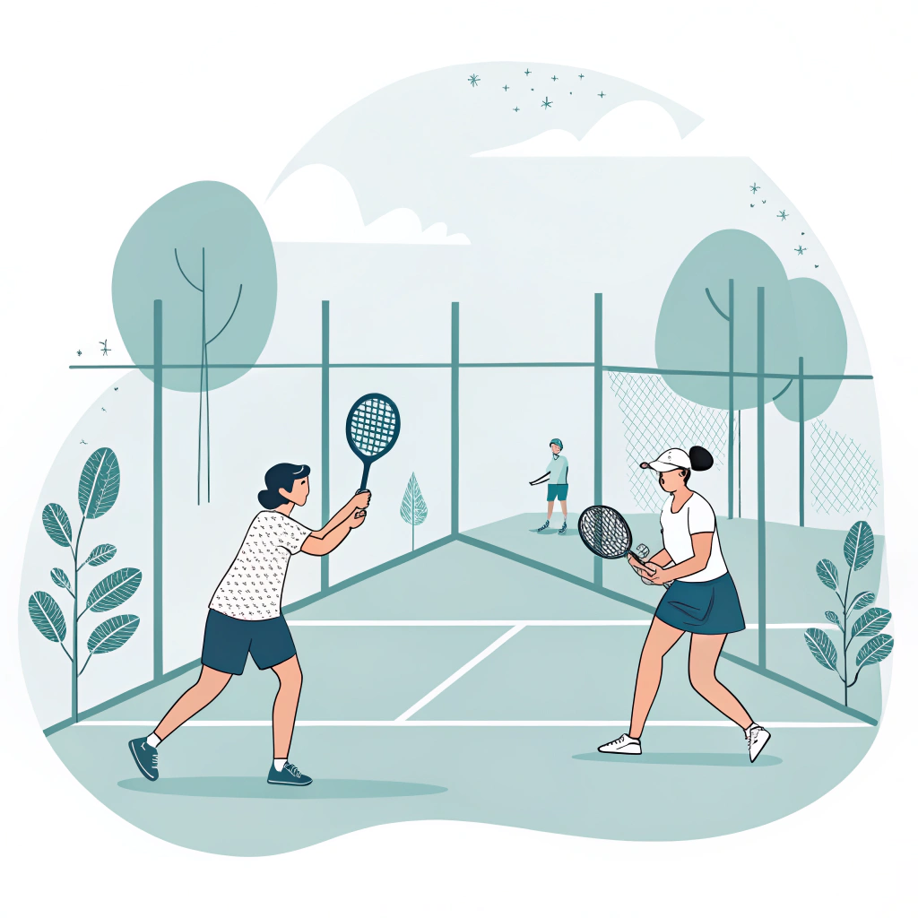 Minimal illustration of beginners playing padel in a club setting