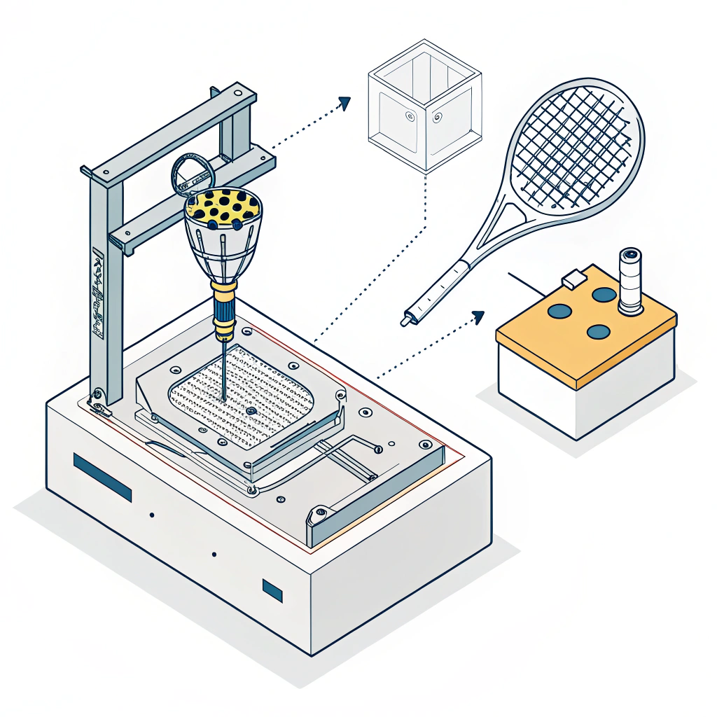 Minimalist design showing a mold and press machine shaping a padel racket in production