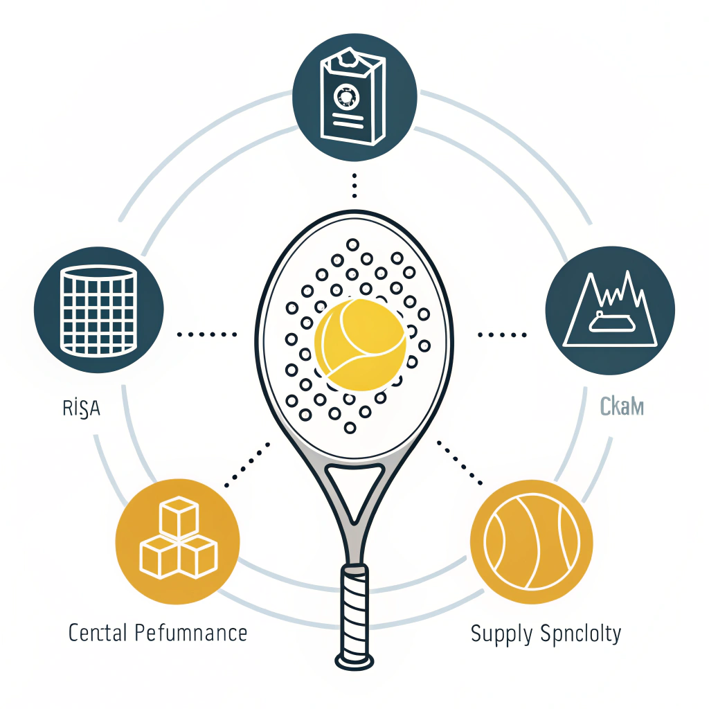 Minimal flat illustration of a padel racket, ball, and abstract icons representing advanced production and supply chain.