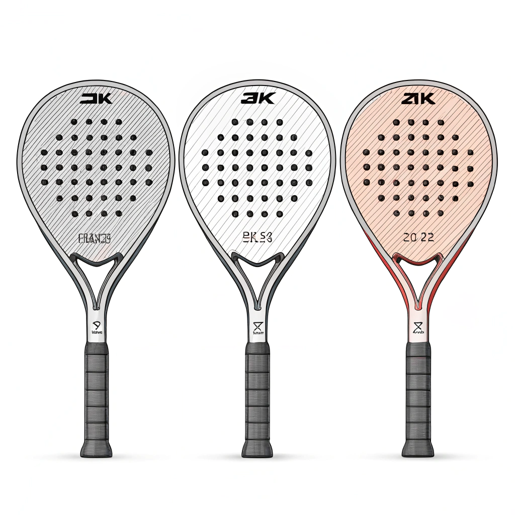 Simple vector illustration of three different carbon fiber padel racquets.