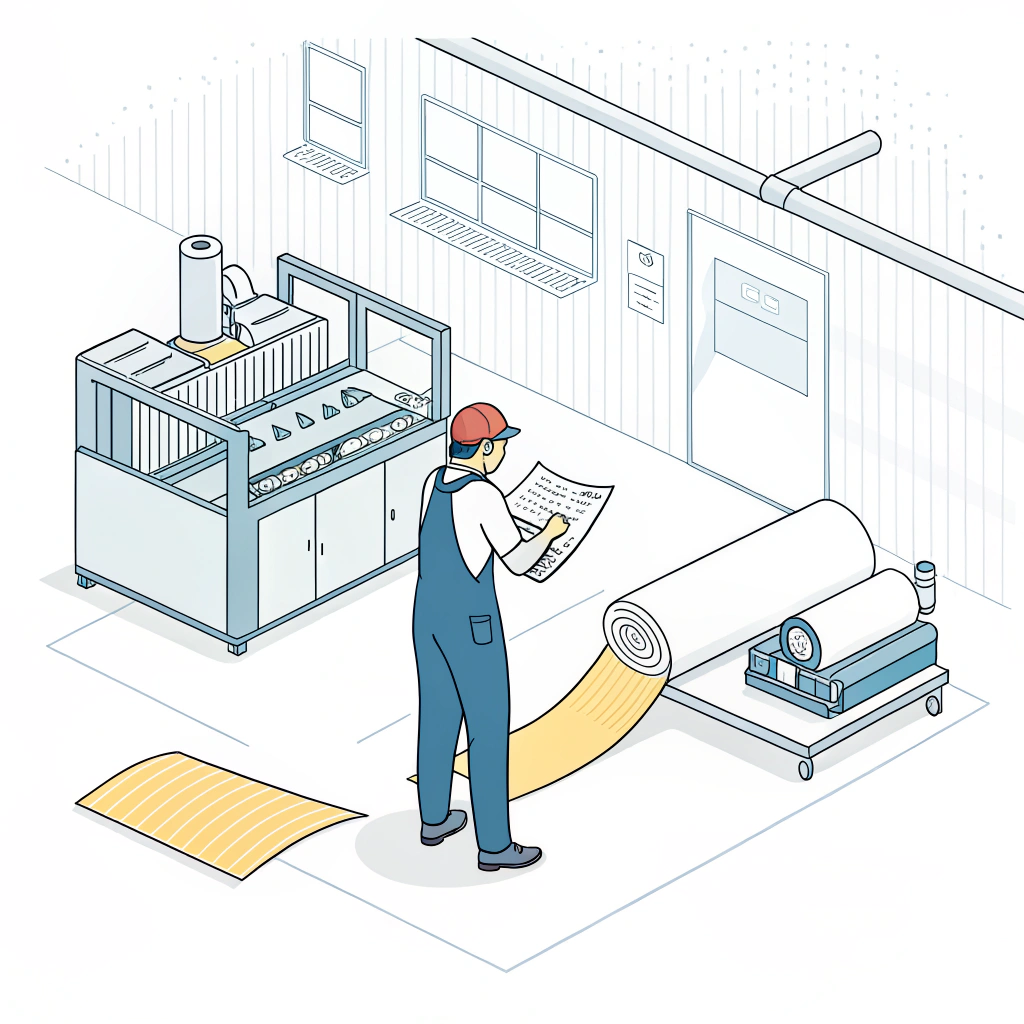 A 2D minimalist illustration of a technician inspecting composite materials in a factory setting.