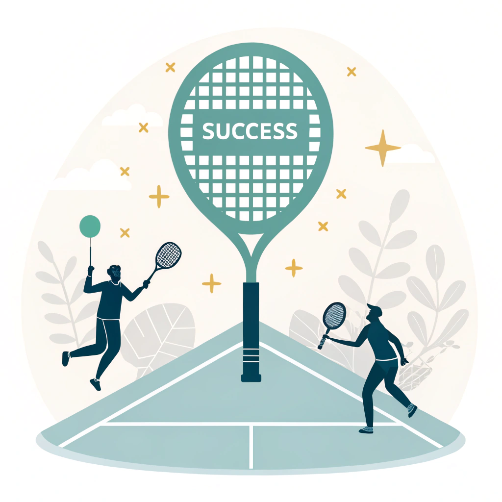 Minimal 2D illustration of a padel club scene with teardrop racket and energetic players
