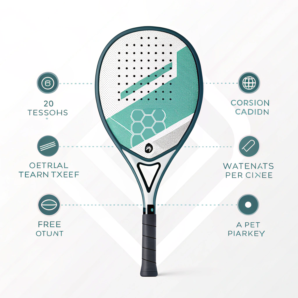 2D flat vector padel racket with technical carbon fiber details and minimalist design.