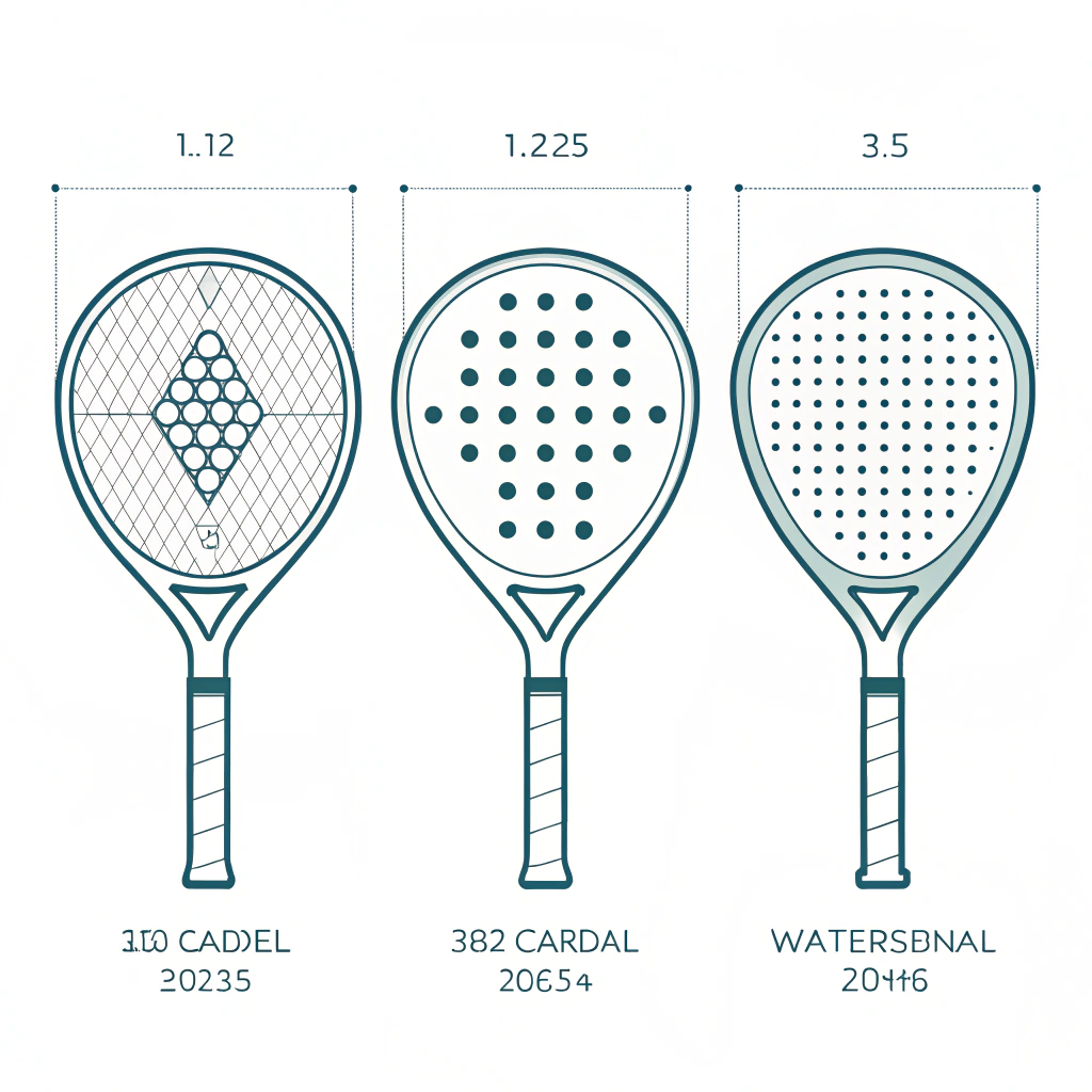 Minimalistic art of three padel racket head shapes in diamond, round, and teardrop styles
