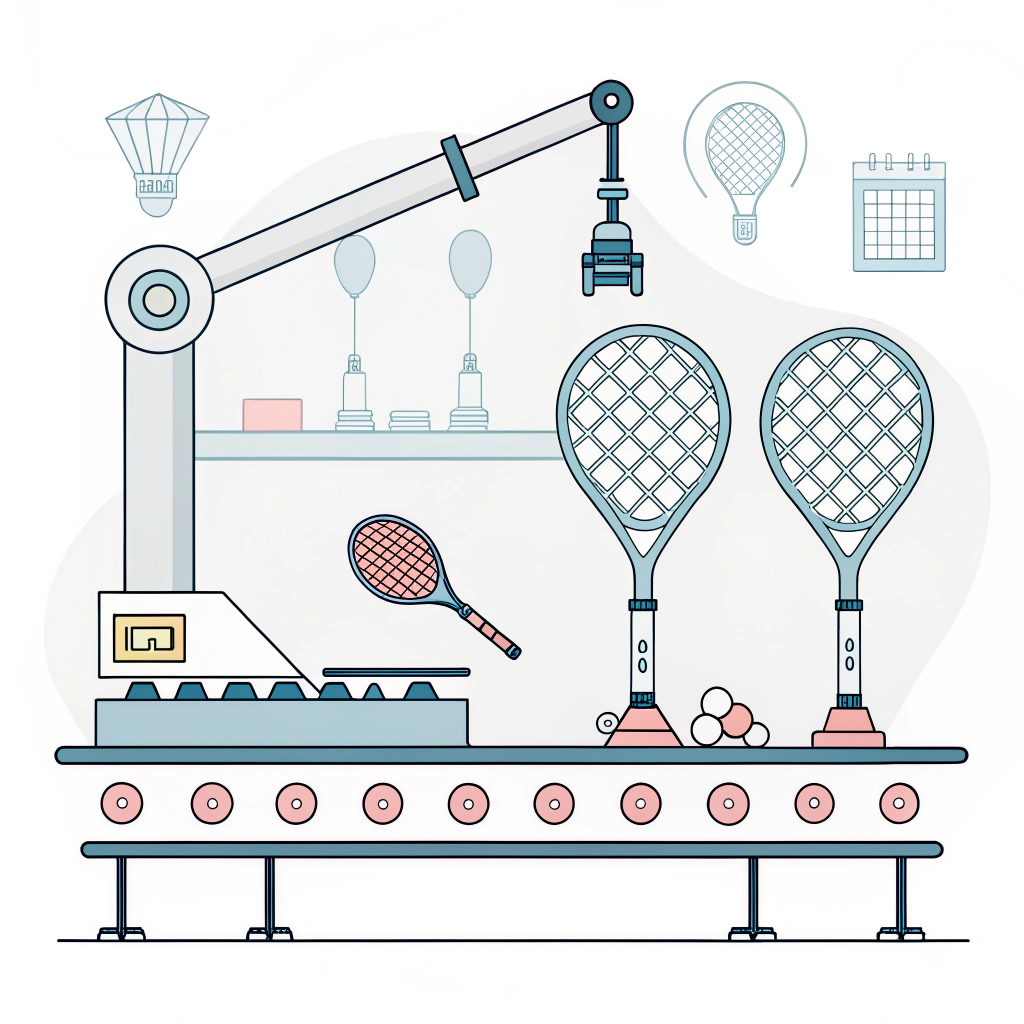 Minimal 2D illustration of automated padel racket production using carbon fiber