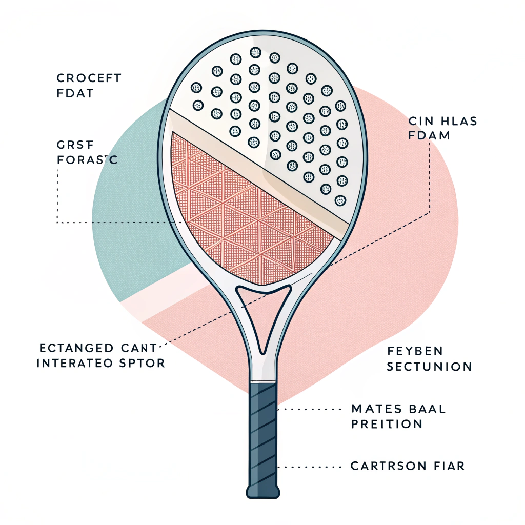 Minimalist flat design showing a padel racket with layered foam core and material accents
