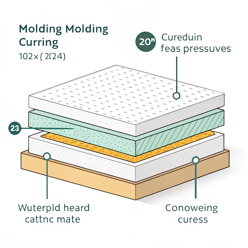 A 2D minimal illustration showing the molding and curing process of composite materials in a factory.