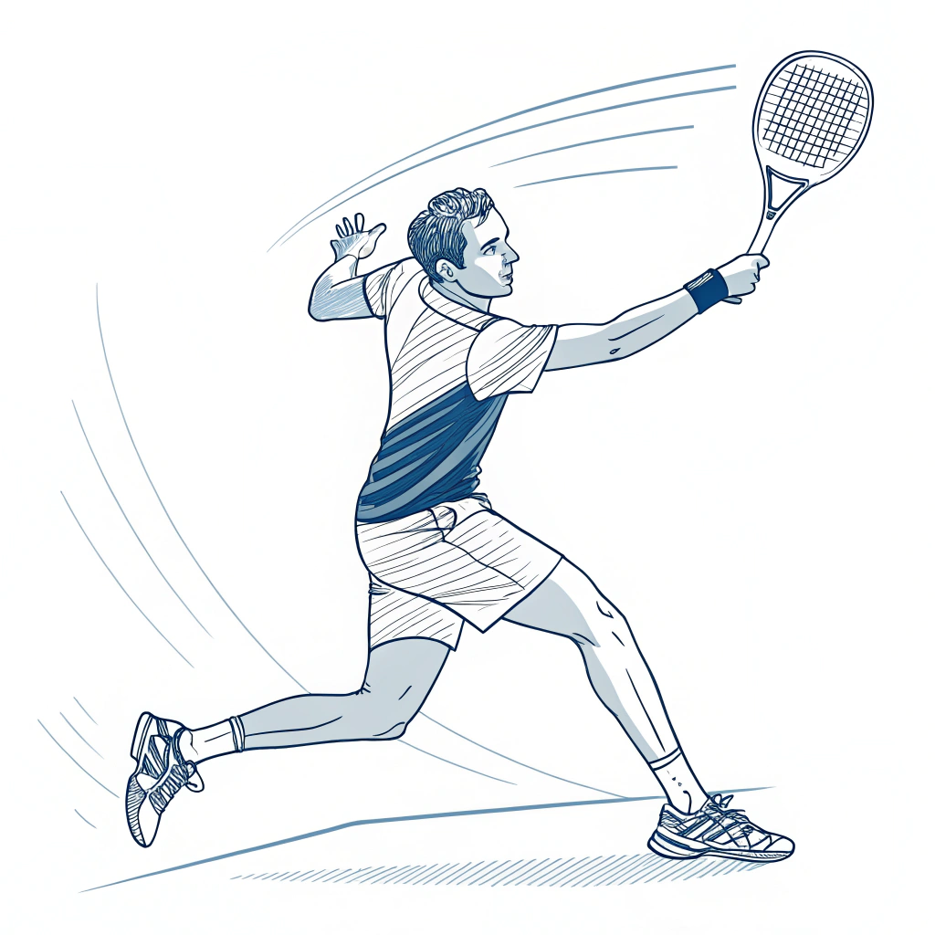 2D minimalist illustration of a padel racket in dynamic action emphasizing energy and performance