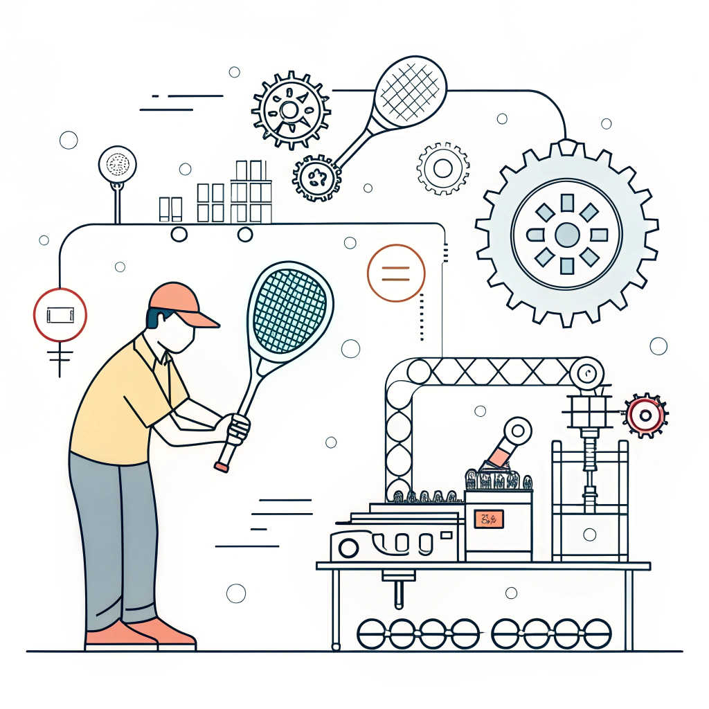 Minimalistic illustration of advanced automated production for padel rackets