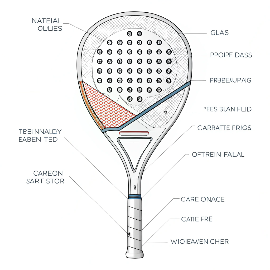 Minimal 2D technical diagram of a padel racket showcasing material layers