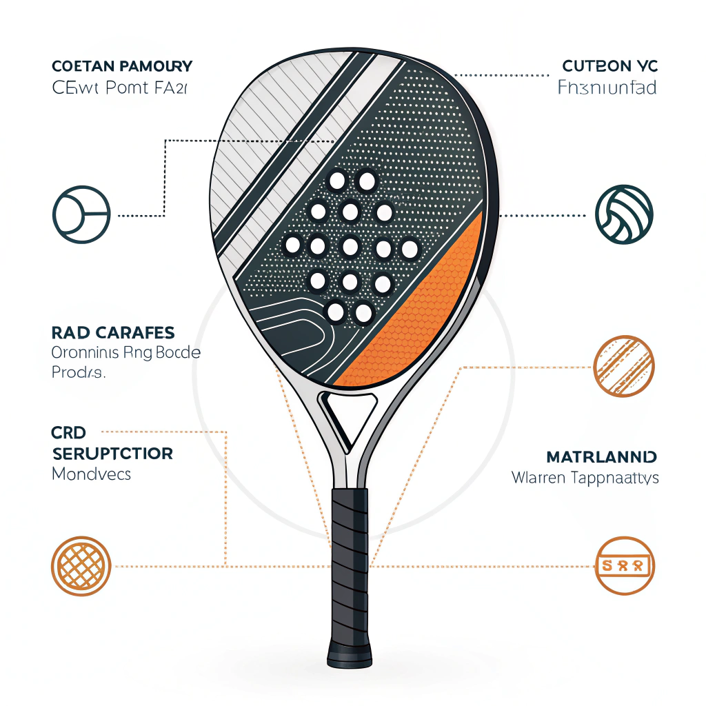 Minimalist 2D illustration of a customizable padel racket showing layered composite details and abstract production elements.