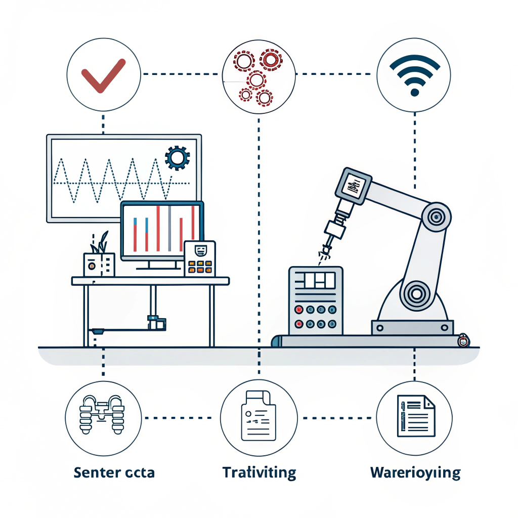 Abstract illustration showing robotic sensor analysis versus manual testing icons.