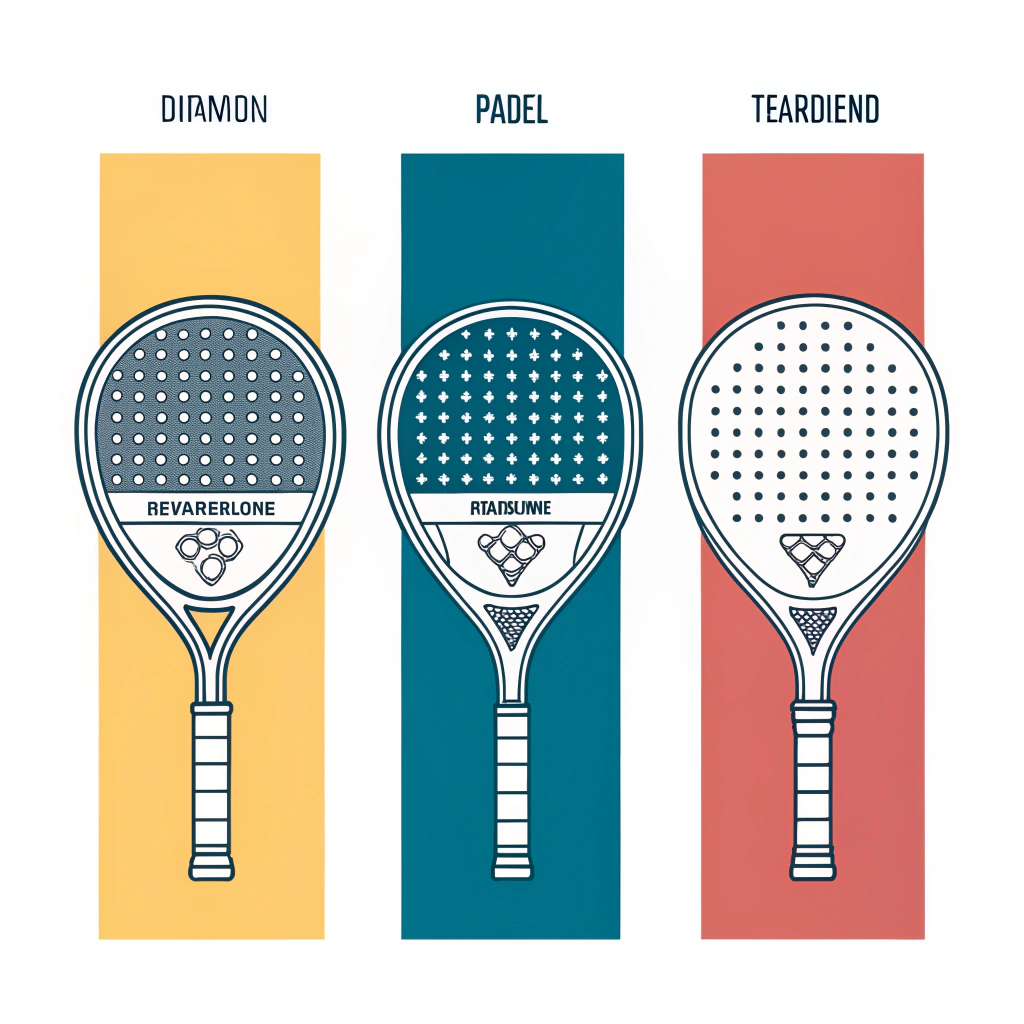 A clean 2D illustration of three different padel racket shapes arranged in a balanced, flat style.
