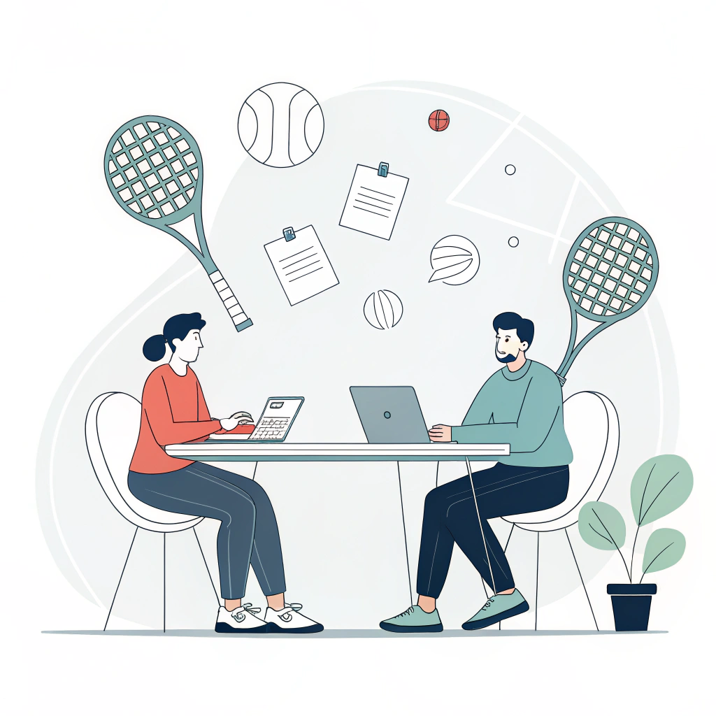 Simple 2D illustration of a meeting discussing padel racket design and quality.
