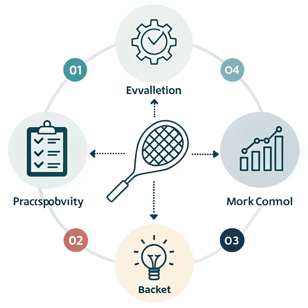 A flat design roadmap illustration depicting the process steps in padel racket production and strategy.