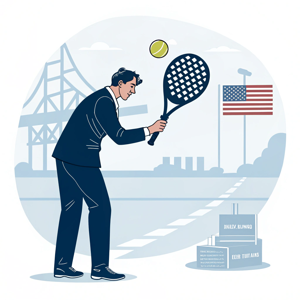 A minimal illustration of a business professional evaluating padel equipment with a USA market vibe.