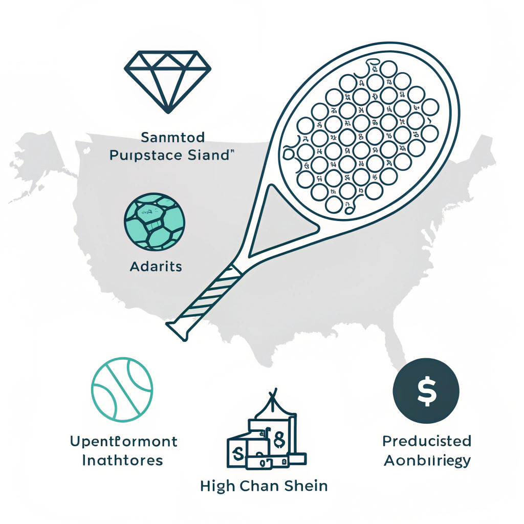 Minimalist 2D illustration of padel equipment with supply chain elements and USA influence.