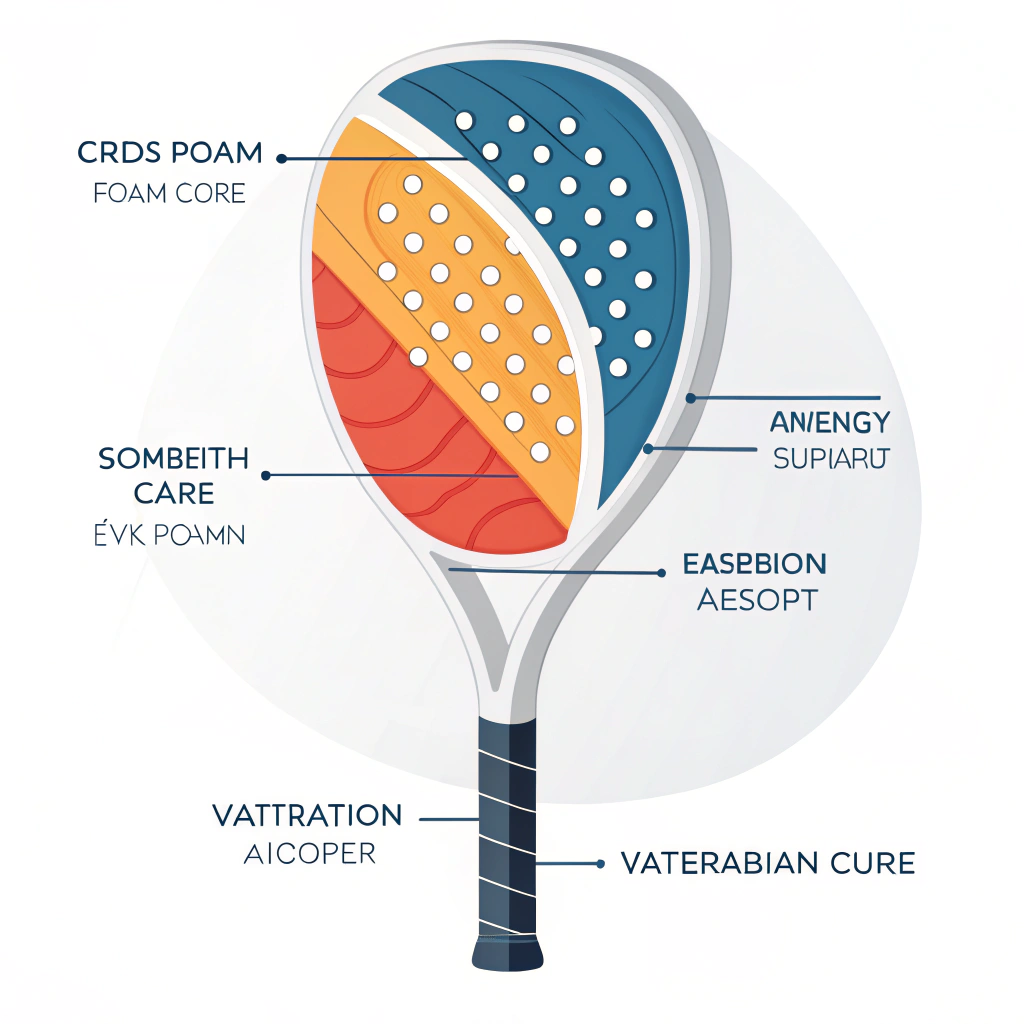 Minimalistic 2D depiction of a padel racket featuring an exposed EVA foam core with dynamic layers