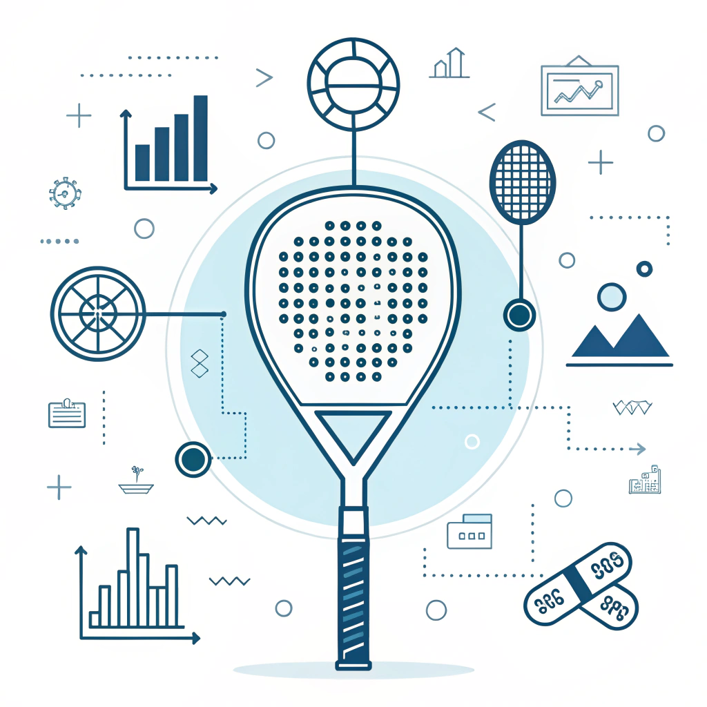 Minimal illustration merging padel racket design with digital analytics and sensor technology for performance testing.